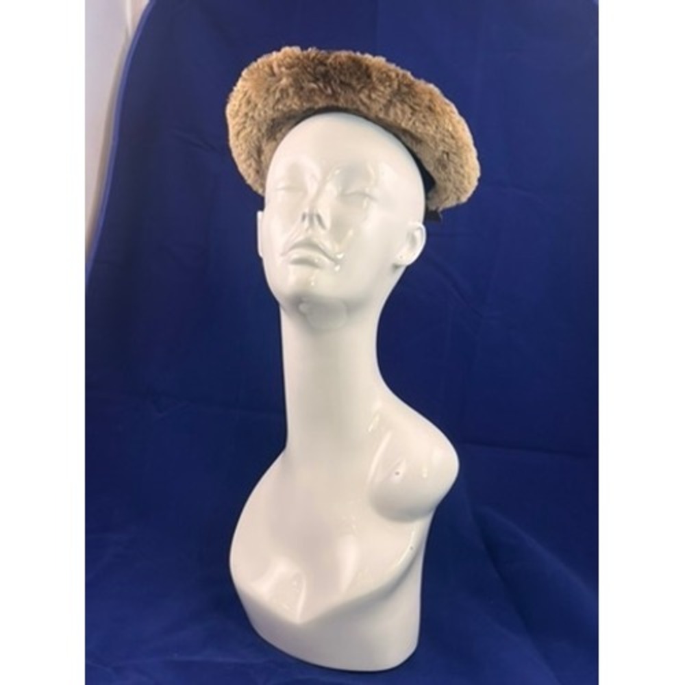 Vintage 1940s Brown Felt Hat Fur Trim Tilt Cap Women's Winter Hat - Picture 4 of 10